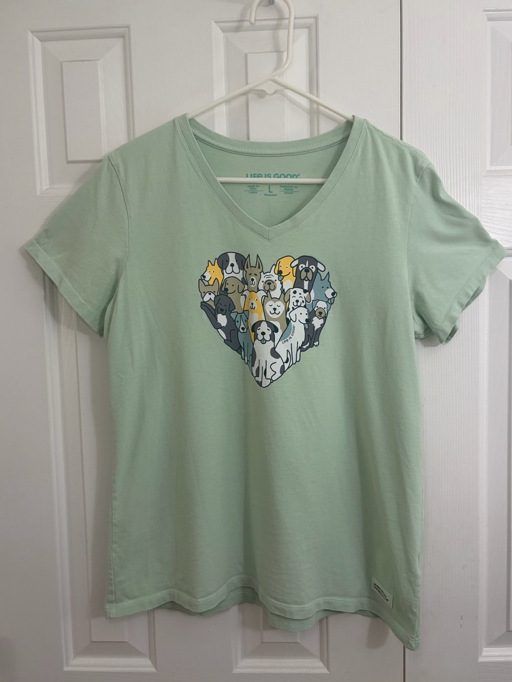 Life Is Good Mint Green V-Neck Tee with Heart Puppy Graphic